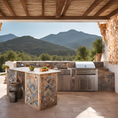 outdoor kitchen with mosaic tiles overlooking the hills